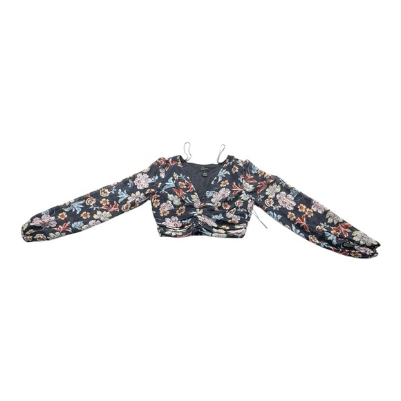 Japna Black Floral Ruched Crop Top Long Sleeve Size S NWT - Picture 1 of 7